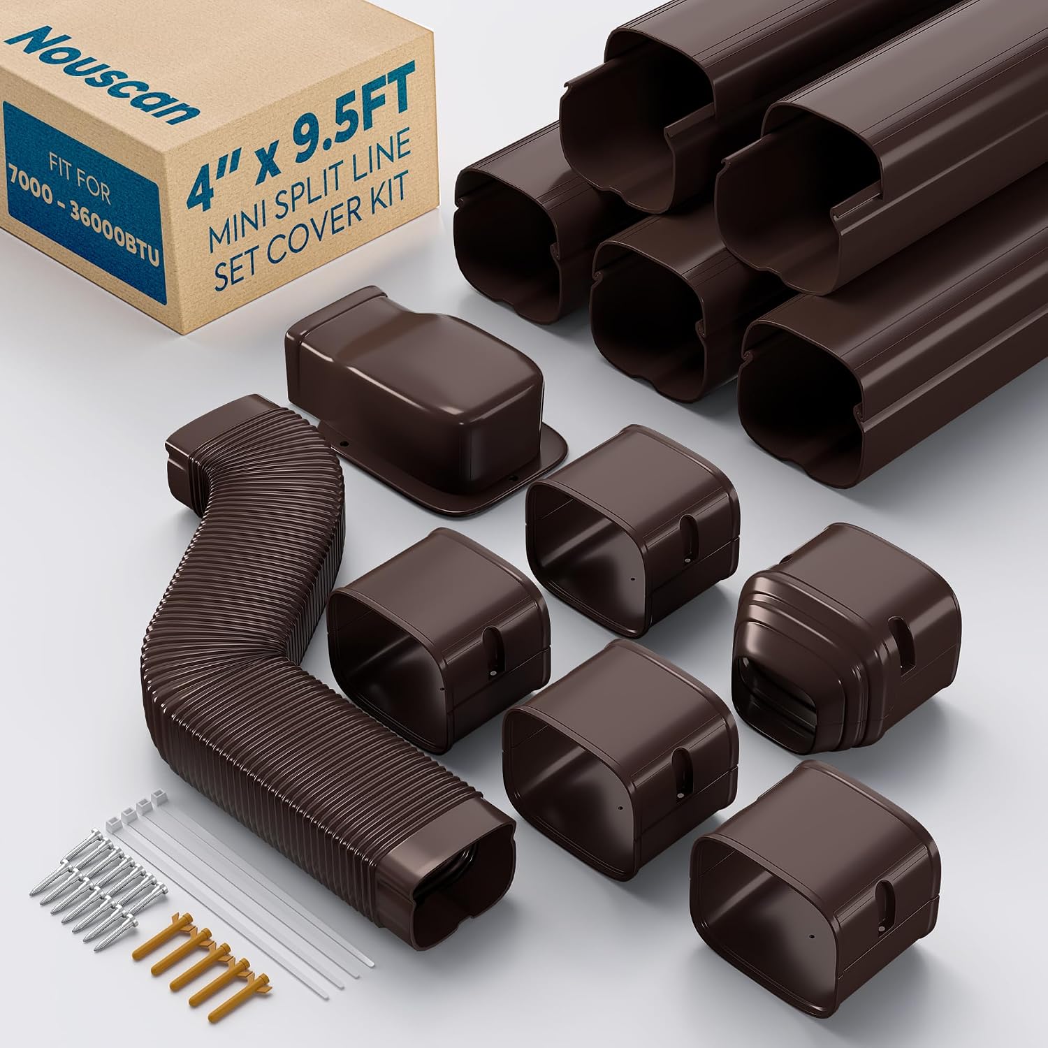 4" 9.5Ft Mini Split Line Set Cover, Decorative Line Hide Kit, Brown | Protective AC Lineset Cover with Flexible Duct