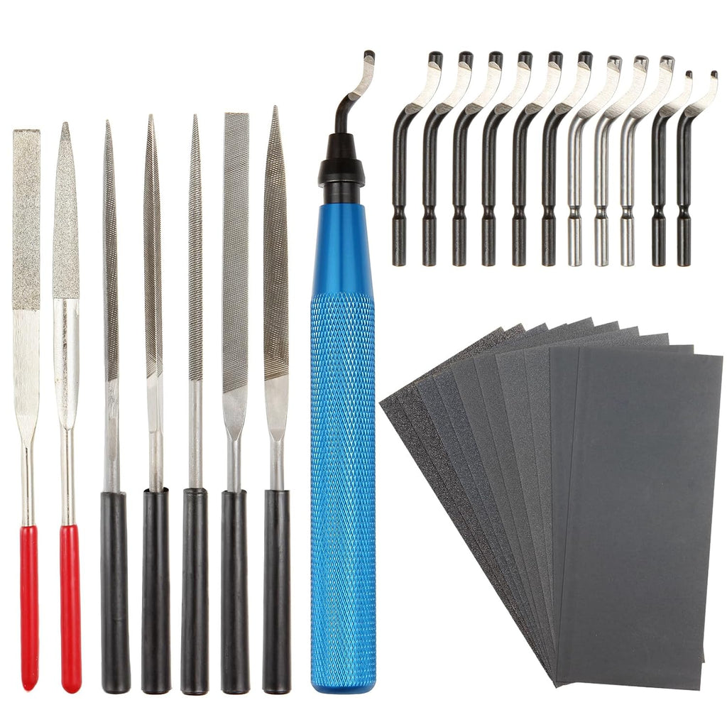 29-Piece Deburring Tool Set – 11 HSS Blades, 7 Needle Files, 10 Sandpapers, Metal Handle – for Metal, Wood, 3D