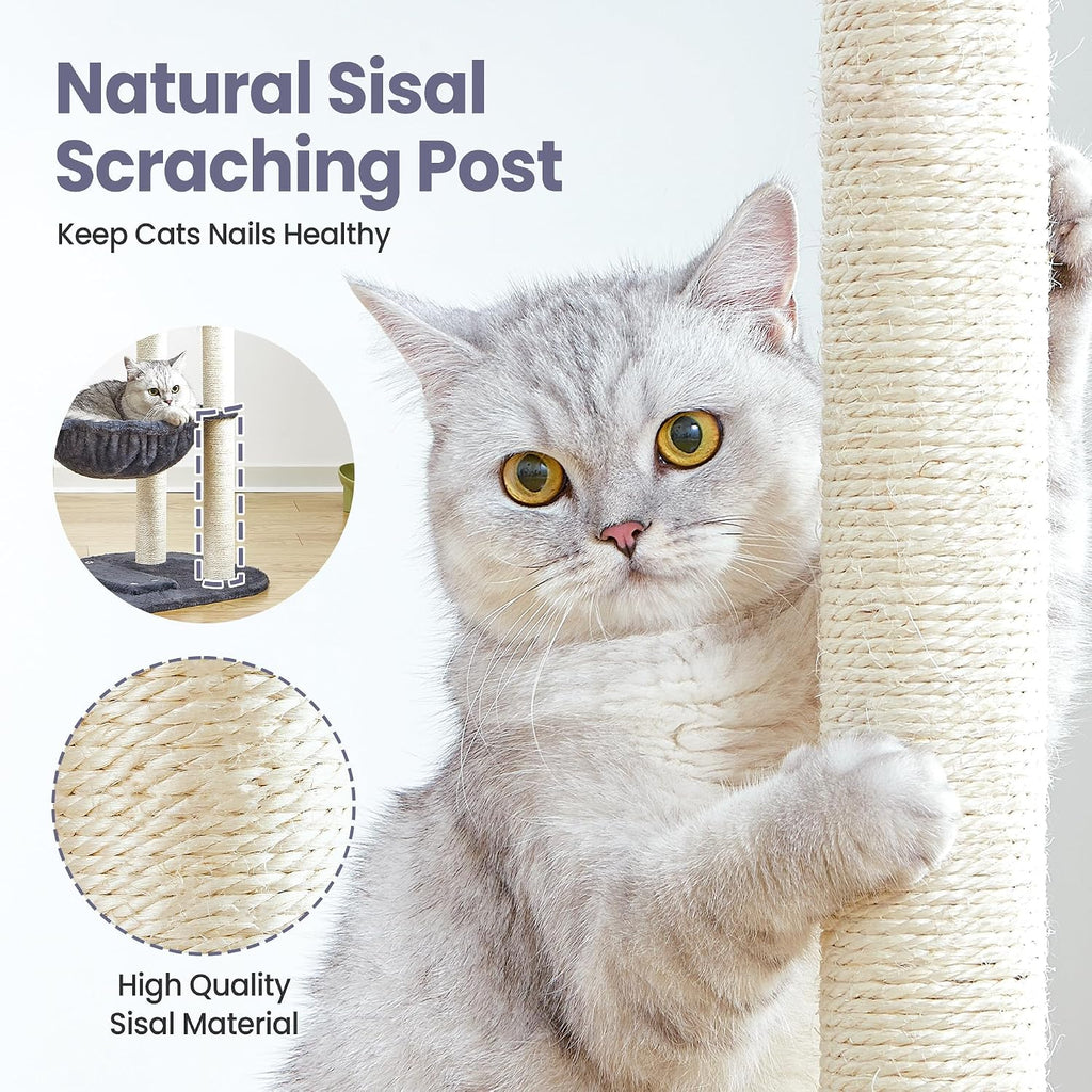 Small Cat Tree Tower with Lots of Scratching Posts - 42 Inch Medium Compact Cats Scratch House with Hammock Perch for