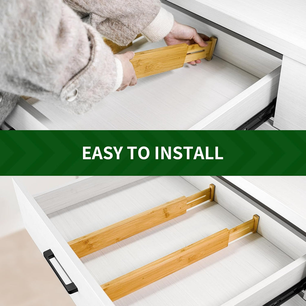 6-Pack Adjustable Bamboo Drawer Dividers, Expandable Drawer Organizer for Kitchen Utensils, Clothes, Bathroom, Office