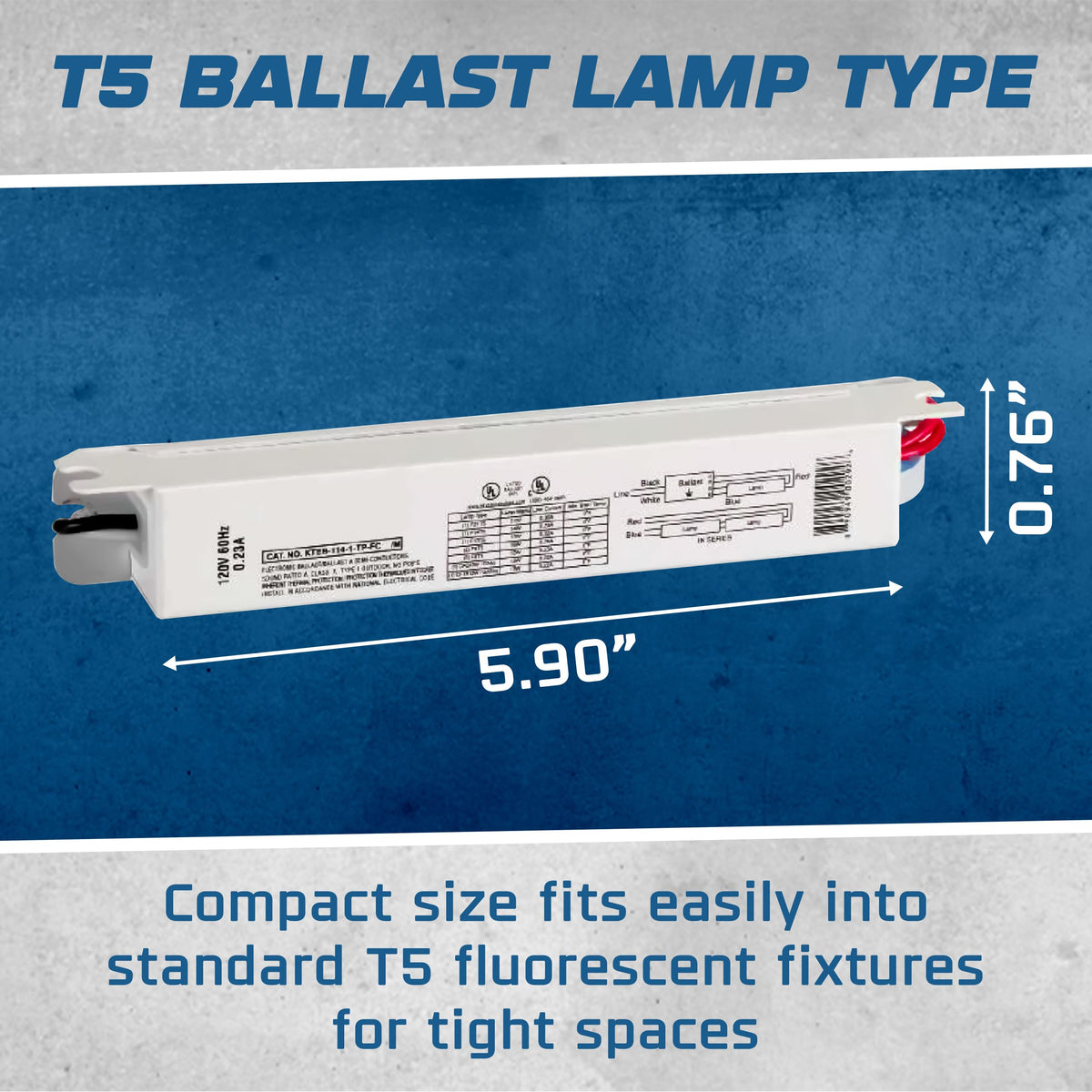 T5 Electronic Fluorescent Ballast, 1 Lamp, 120V, 2 Pack