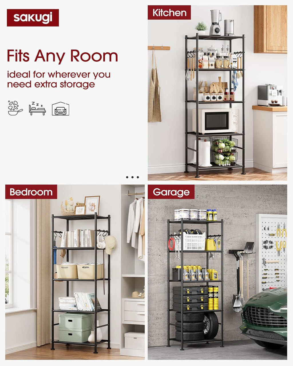Storage Shelves - 5-Tier Large Capacity Shelf Organizer with Hooks, Heavy-Duty Garage Shelving with Leveling Feet