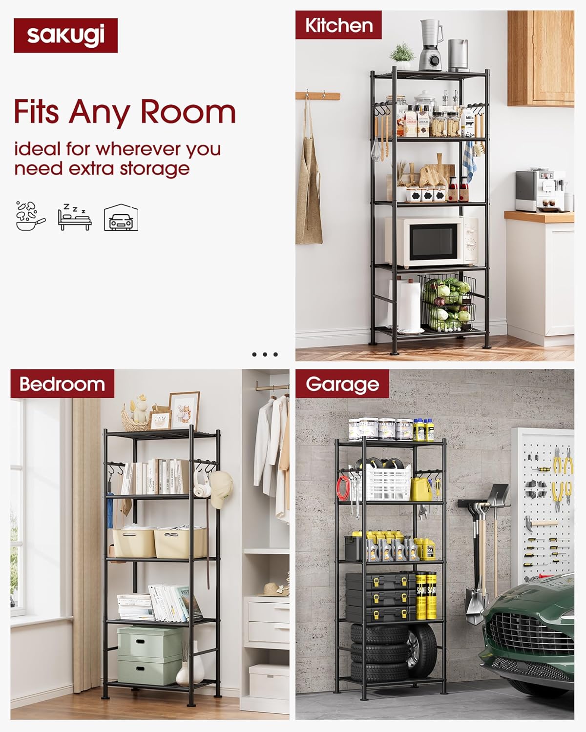 Storage Shelves - 5-Tier Large Capacity Shelf Organizer with Hooks, Heavy-Duty Garage Shelving with Leveling Feet