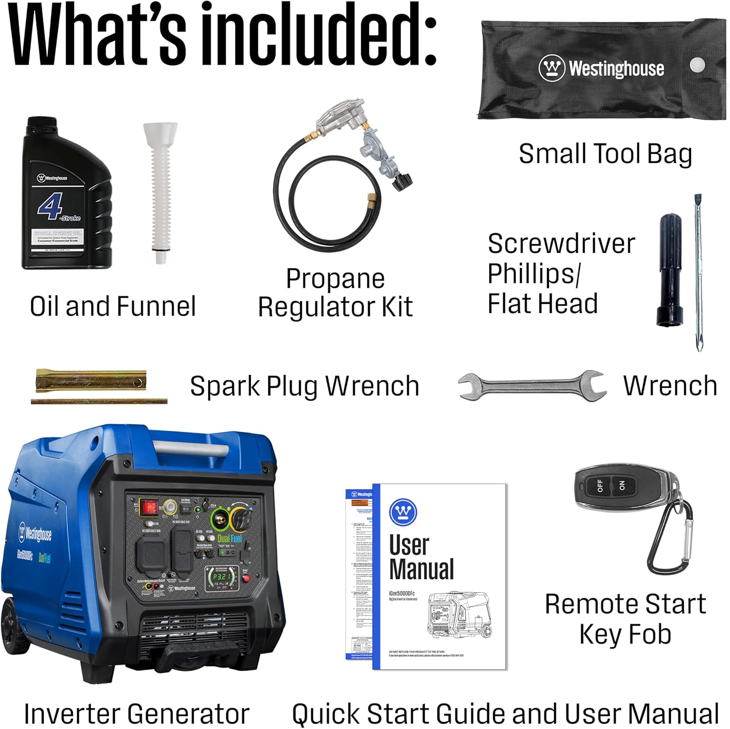 5000 Peak Watt Super Quiet Dual Fuel Portable Inverter Generator, Remote Electric Start, Gas & Propane Powered, RV