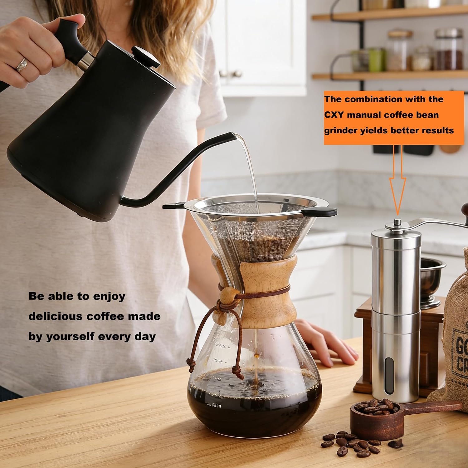 Pour Over Coffee Maker, 8 Cup Borosilicate Glass Pour Over Coffee Dripper with Reusable Stainless Steel Filter