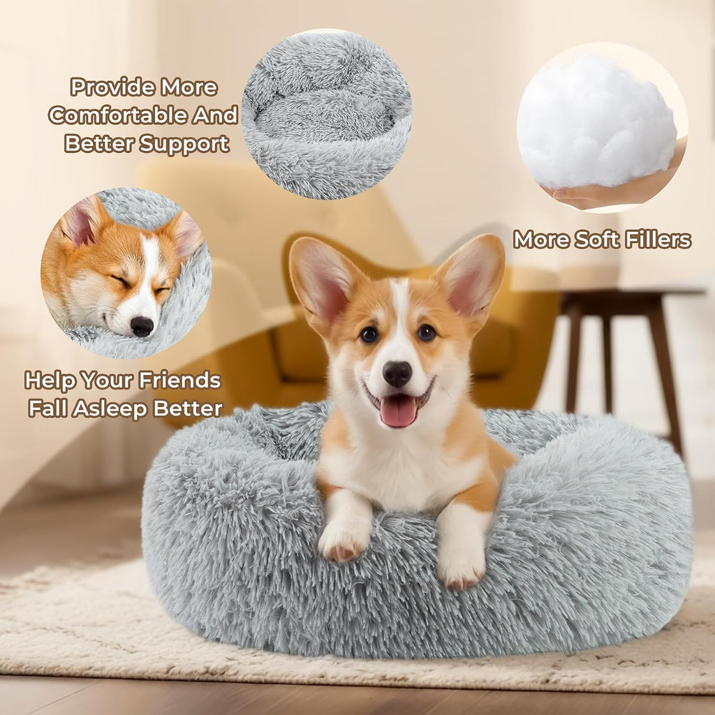 Calming Donut Dog and Cat Bed for Indoor Cats, Anti-Anxiety Round Fluffy Soft Washable Small Pet Bed for Puppy and