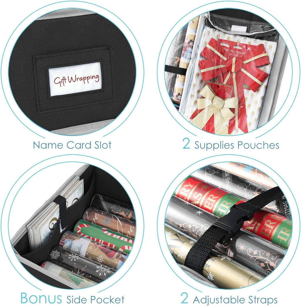Wrapping Paper Storage Container - Christmas Storage Bag with Interior Pockets - Gift Wrapping Organizer Storage Fits
