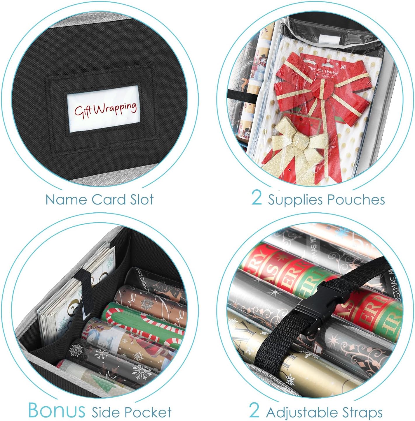 Wrapping Paper Storage Container - Christmas Storage Bag with Interior Pockets - Gift Wrapping Organizer Storage Fits