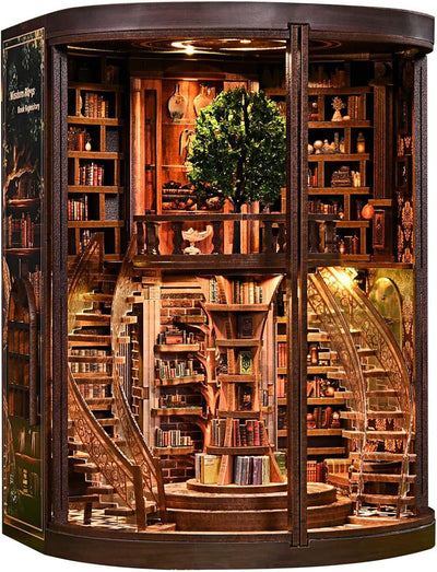 Wisdom Library Book Nook Kit for Adults - 3D Wooden Puzzle with LED Lights, Miniature Dollhouse Bookshelf Decor