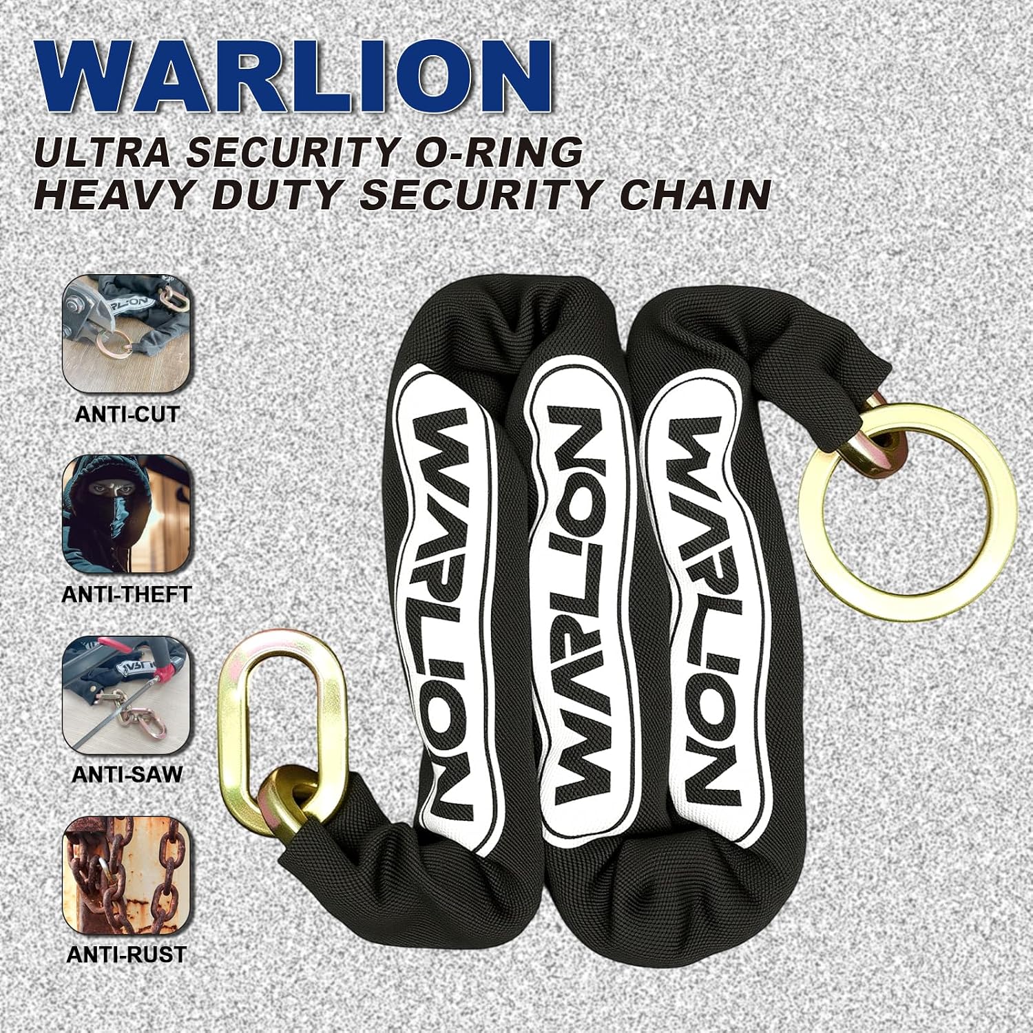 Heavy Duty Security Chain, 3ft x 3/8in Thick, 3.8lbs, Anti-Theft & Cut-Proof Motorcycle Chain with Cinch Ring