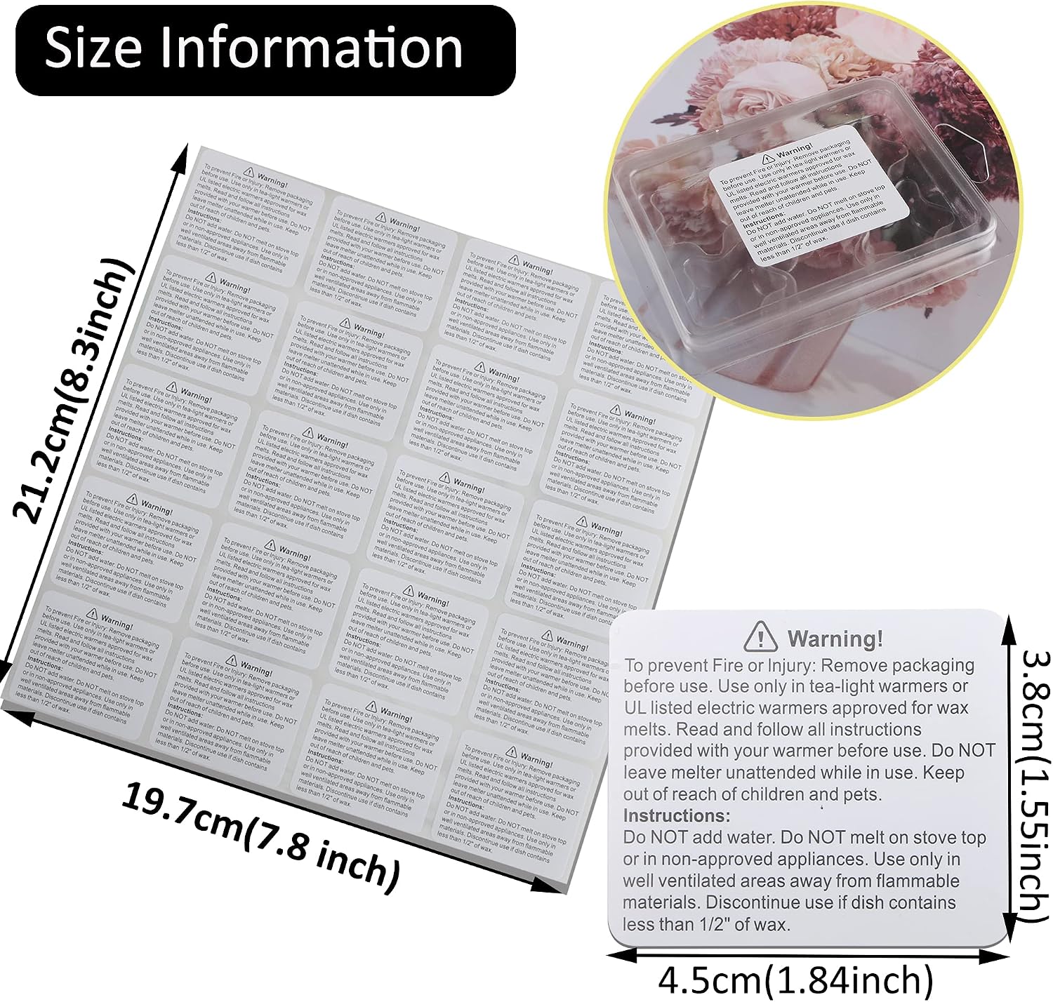 500 pcs Wax Melt Warning Labels Candle Warning Label for Clamshell, 1.8 x 1.5 inche.