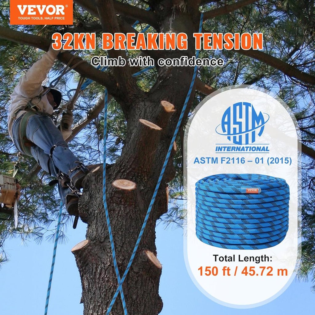 12.7mm Static Climbing Rope, 45.7M(150ft) Outdoor Rock Climbing Rope 30KN Breaking Tension, Fiber Rope for Escape