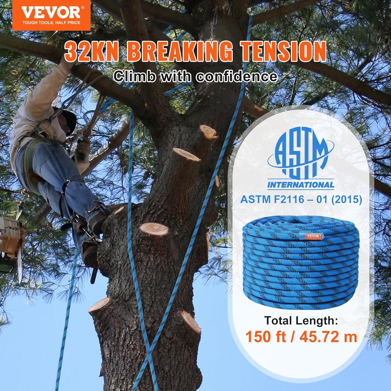 12.7mm Static Climbing Rope, 45.7M(150ft) Outdoor Rock Climbing Rope 30KN Breaking Tension, Fiber Rope for Escape