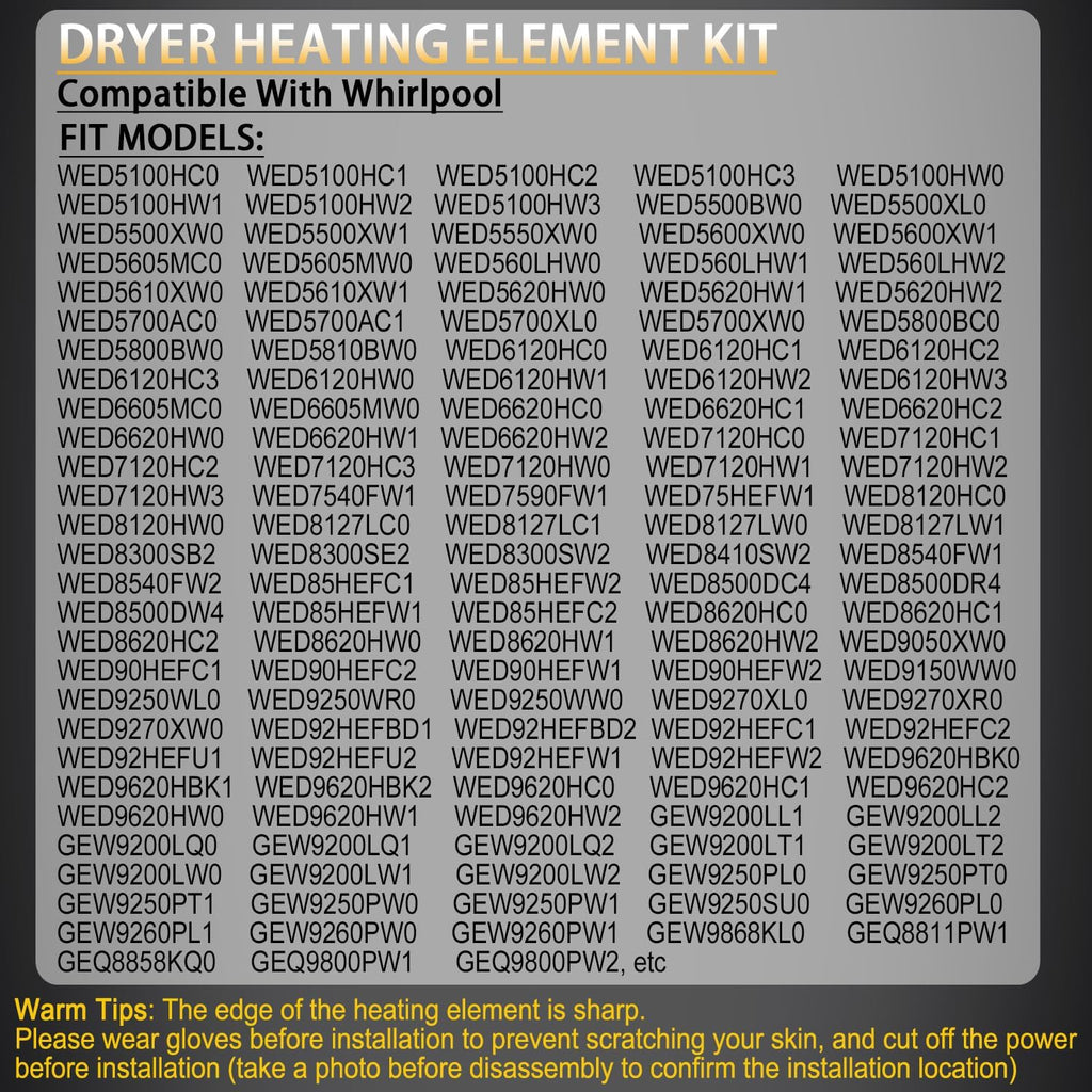 WED6620HC1 WED7120HW1 WED7500GC0 Dryer Heating Element Kit for Whirlpool