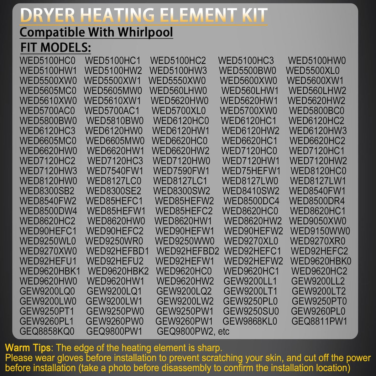 WED6620HC1 WED7120HW1 WED7500GC0 Dryer Heating Element Kit for Whirlpool
