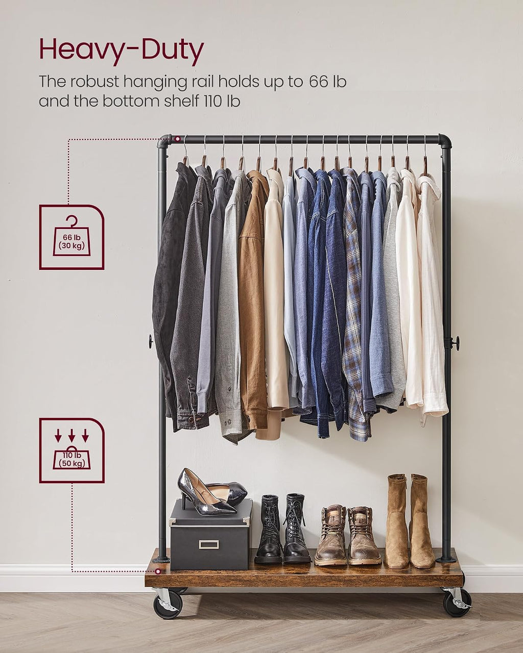 Clothes Rack, Heavy-Duty Rolling Garment Rack with Shelf | Industrial Pipe Style