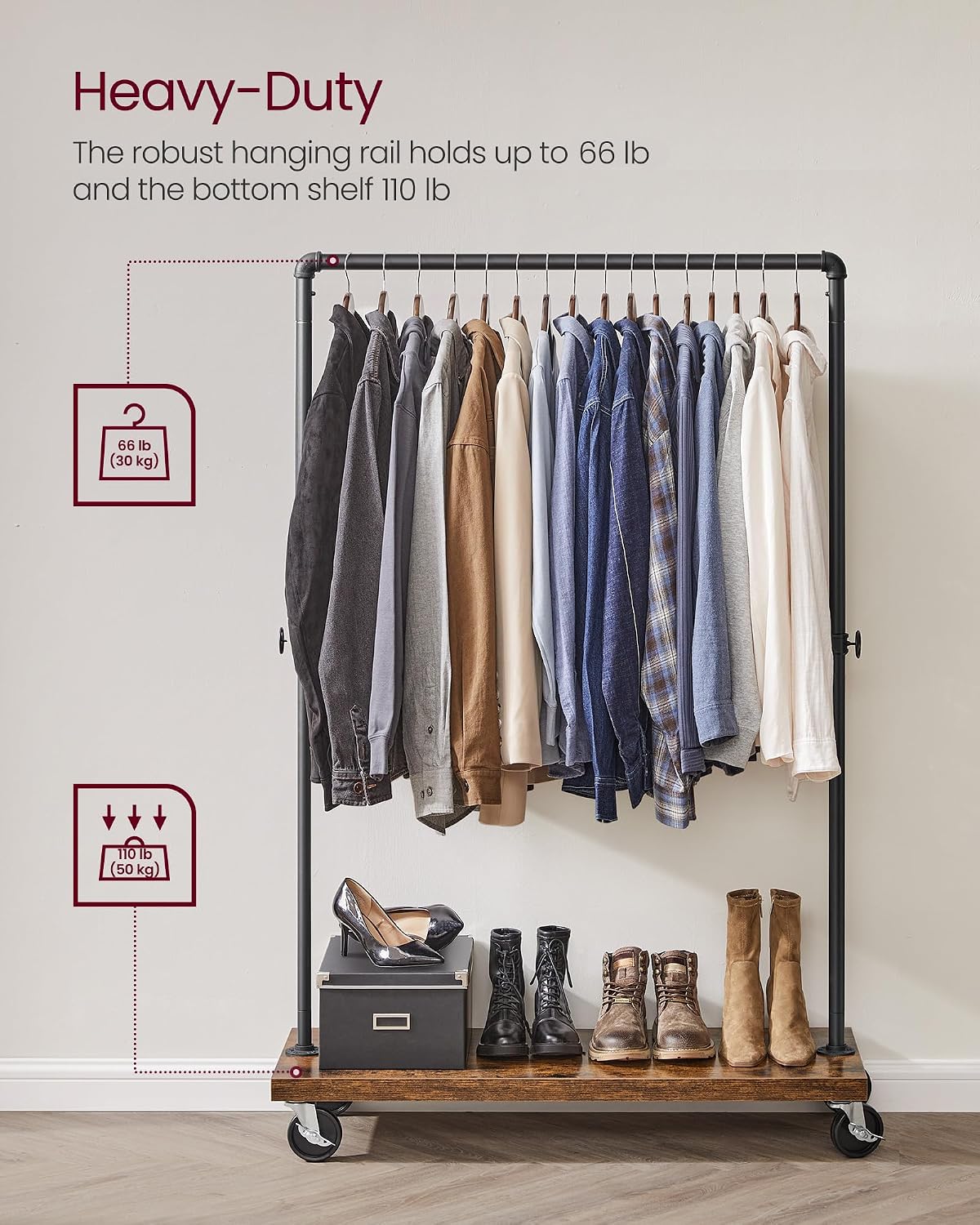 Clothes Rack, Heavy-Duty Rolling Garment Rack with Shelf | Industrial Pipe Style
