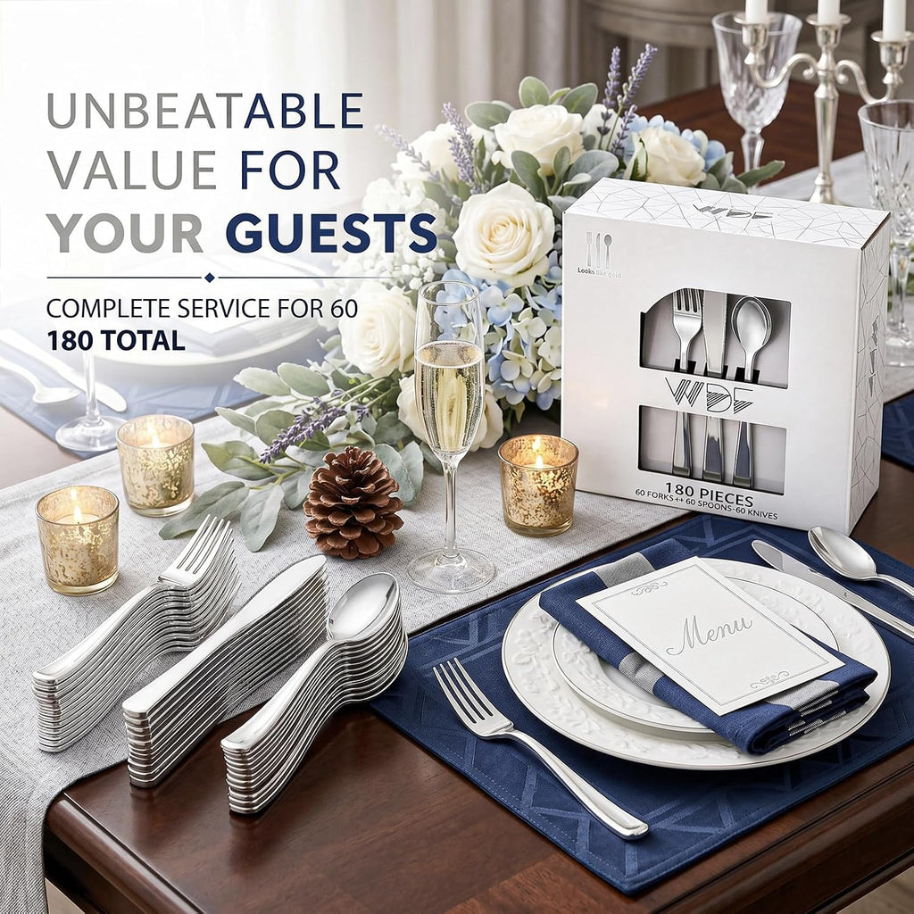 180 Ps Silver Plastic Silverware - Plastic Cutlery - Fancy Plastic Silverware Heavy Duty - 60 Forks 60 Knives 60