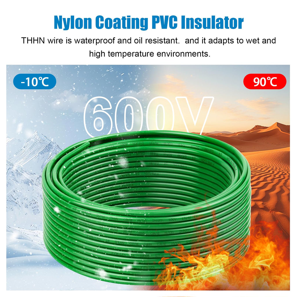 THHN Wire 14 Gauge Solid Copper Wire, 14 AWG Wire, Green, 100FT