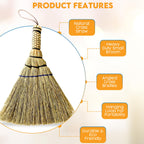 Handmade Whisk Broom, 12-Inch Stiff Sorghum, Bamboo Handle