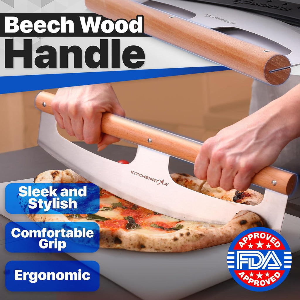 14-Inch Pizza Cutter Rocker Blade - Razor Sharp Stainless Steel Slicer Knife, Stylish Beech Wood Handle, Protective