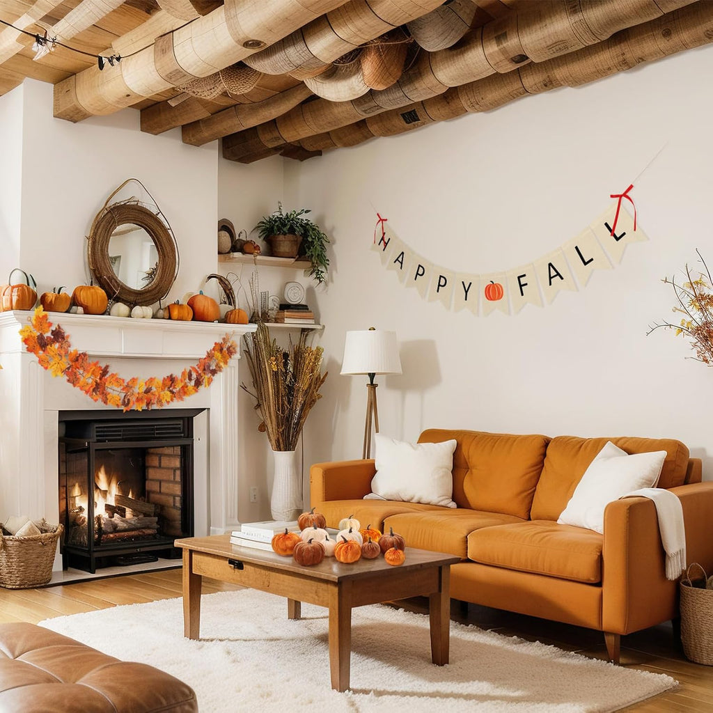13 Pcs Fall Decorations Set, Happy Fall Banner with Bow Accents, Maple Leaf Garland and 9 Felt Pumpkins, Autumn