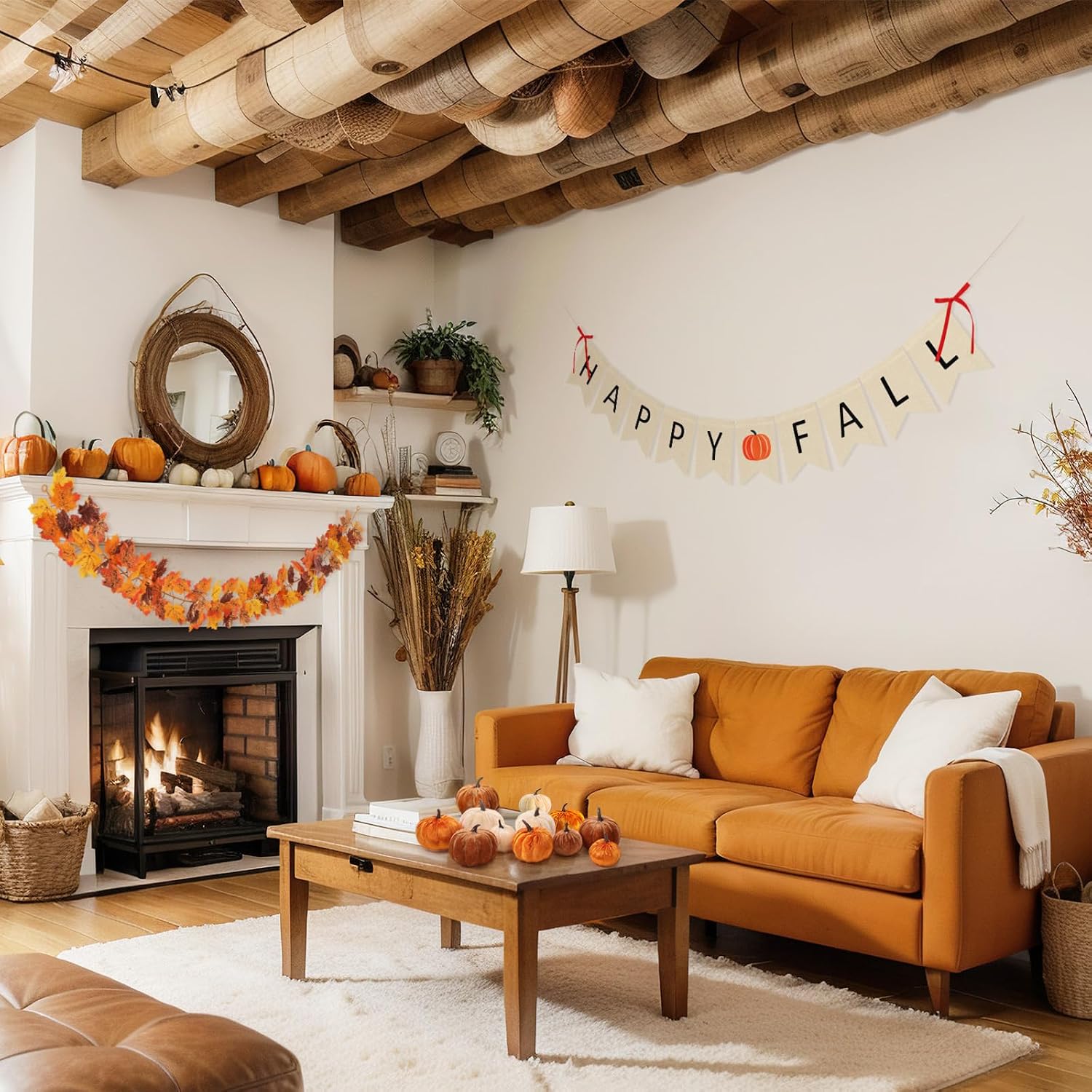 13 Pcs Fall Decorations Set, Happy Fall Banner with Bow Accents, Maple Leaf Garland and 9 Felt Pumpkins, Autumn