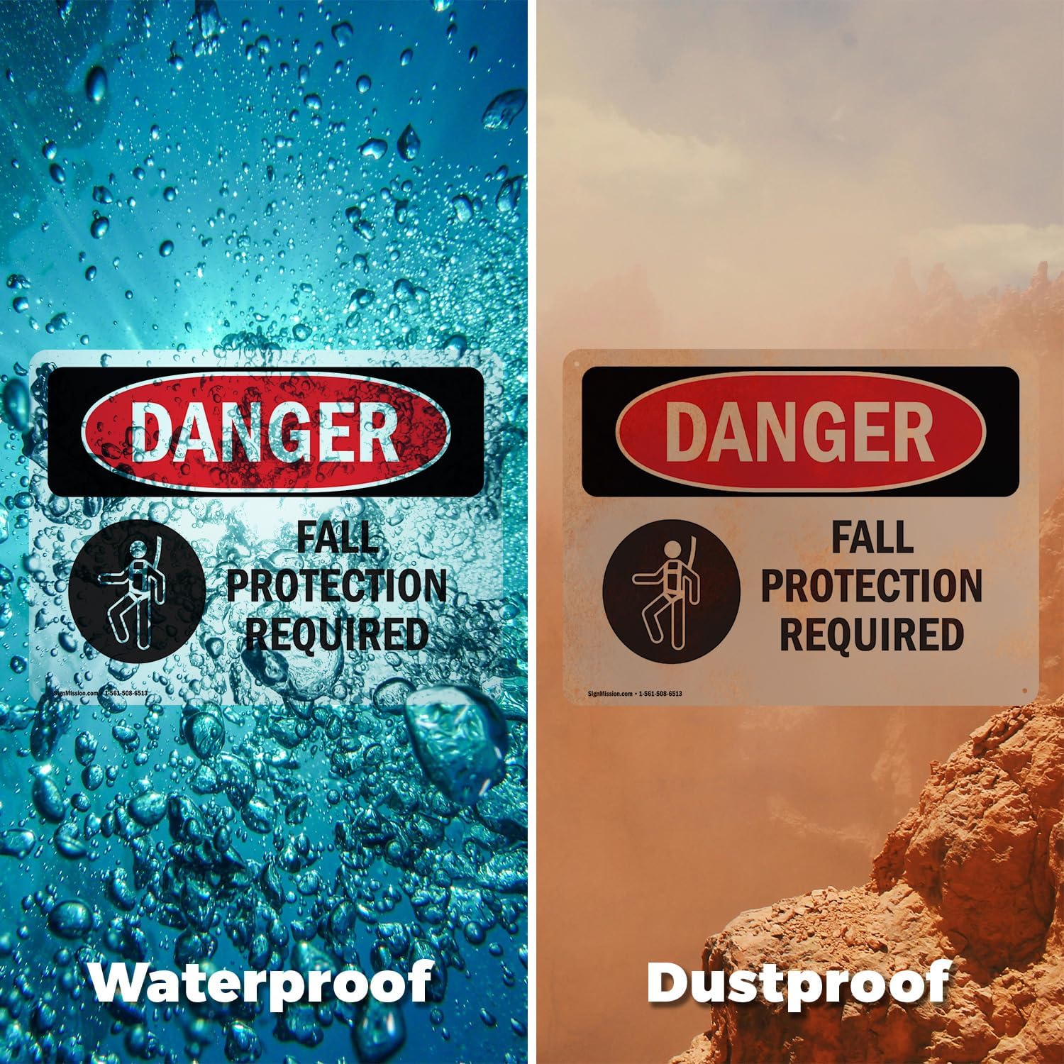 (2 Pack) Fall Protection Required OSHA Danger Sign 5 Inch X 3.5 Inch Vinyl Label Decal Sticker Weather Resistant, UV