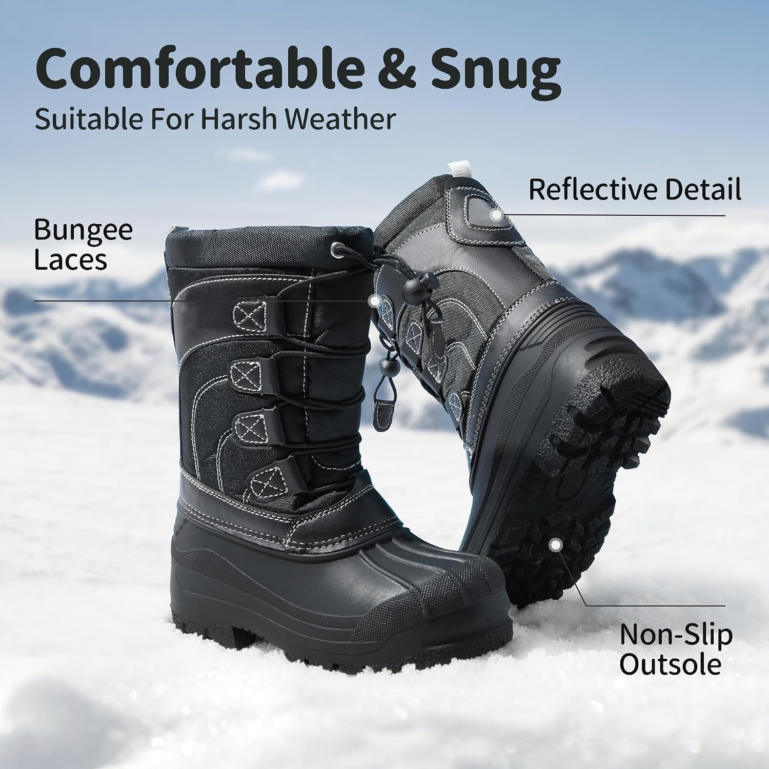 Unisex Snow Waterproof Winter Boots | Warm Faux Fur Lined Outdoor Secure Grip Anti Slip Outsole Easy Wear Windproof