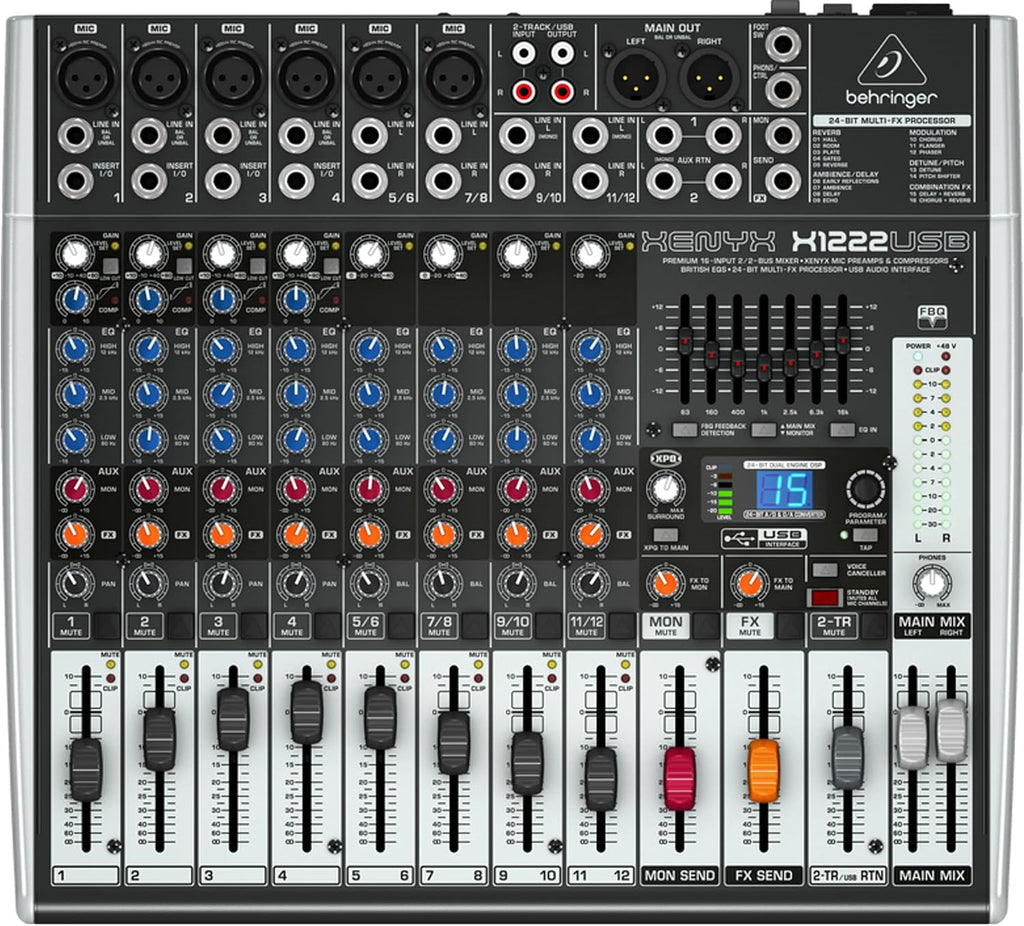 XENYX X1222USB Premium 16-Input 2/2-Bus Mixer with XENYX Mic Preamps and Compressors, British EQ, 24-Bit Multi-FX