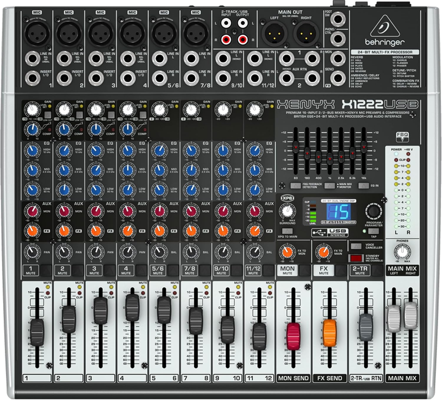 XENYX X1222USB Premium 16-Input 2/2-Bus Mixer with XENYX Mic Preamps and Compressors, British EQ, 24-Bit Multi-FX