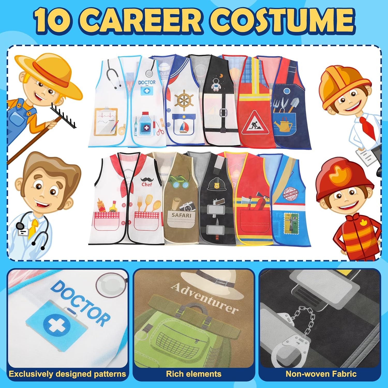 10 Pcs Kids Community Helper Dress Up Vest Career Cosplay Cloth Toddlers Occupation Pretend Play Costume (3-5 Years)