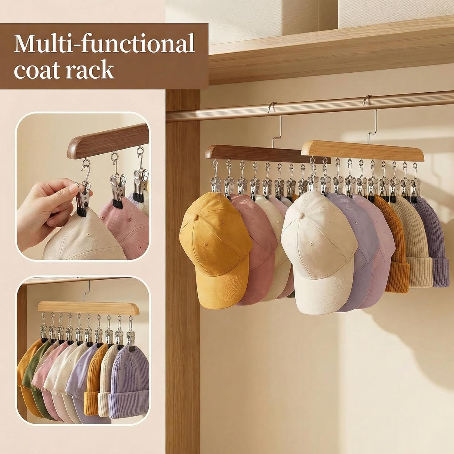 Closet Organizer with 10 Clips, 2PCS Space Saving Hanging Closet Organizer, Space-Saving Hat Scarf Clothespins for