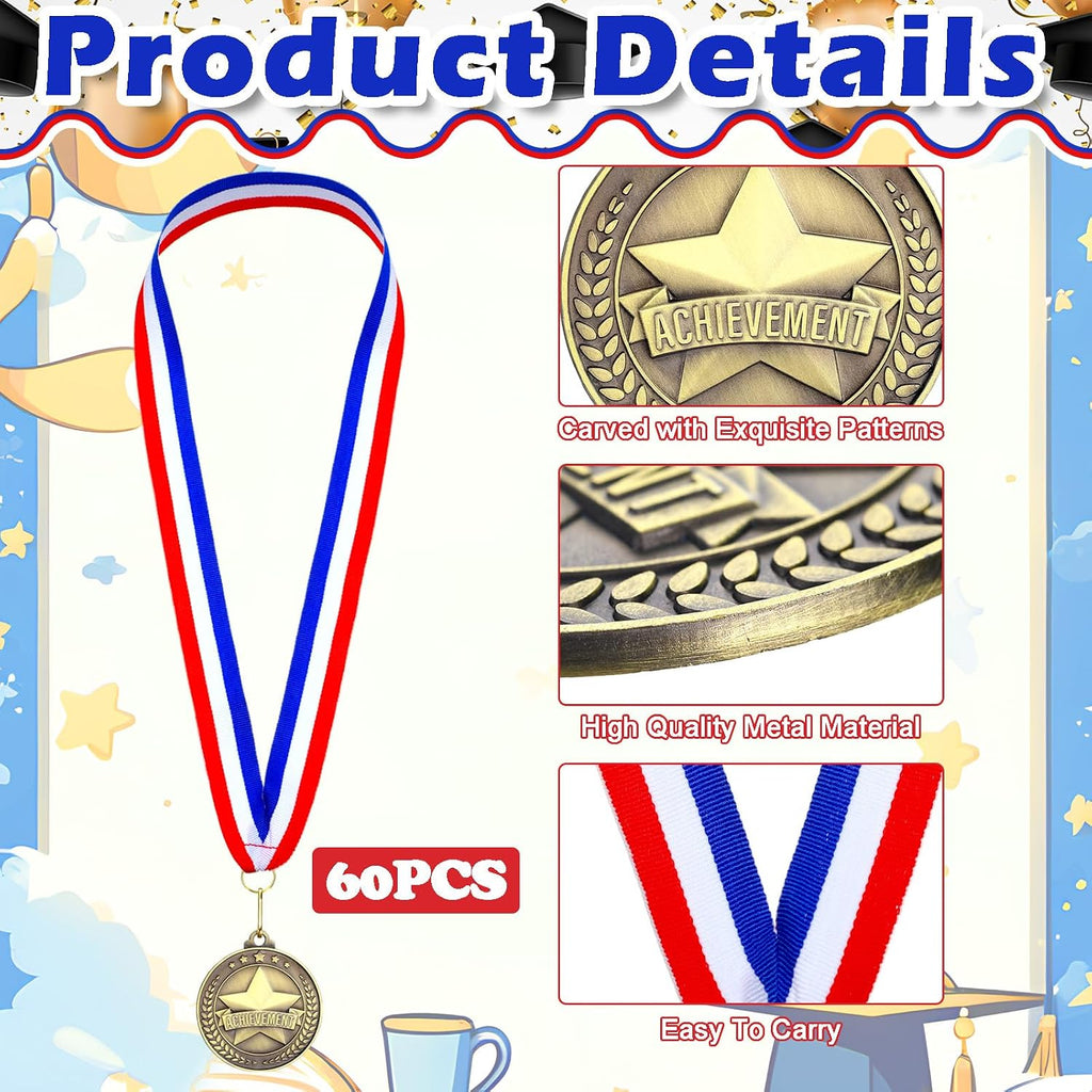 60 Pcs Gold Award Medals with Neck Ribbons 2 Inch Winner Medals Awards Bulk Metal Trophy Award Prize Gift for Adult