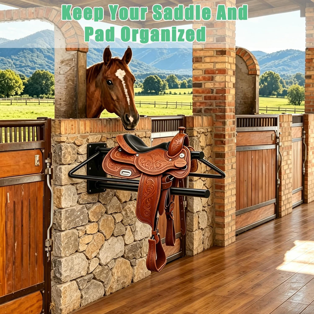 4 Pack Wall Mounted Saddle Rack with Pad Bar, Heavy Duty Black Horse Saddle Stand for English & Western Saddles