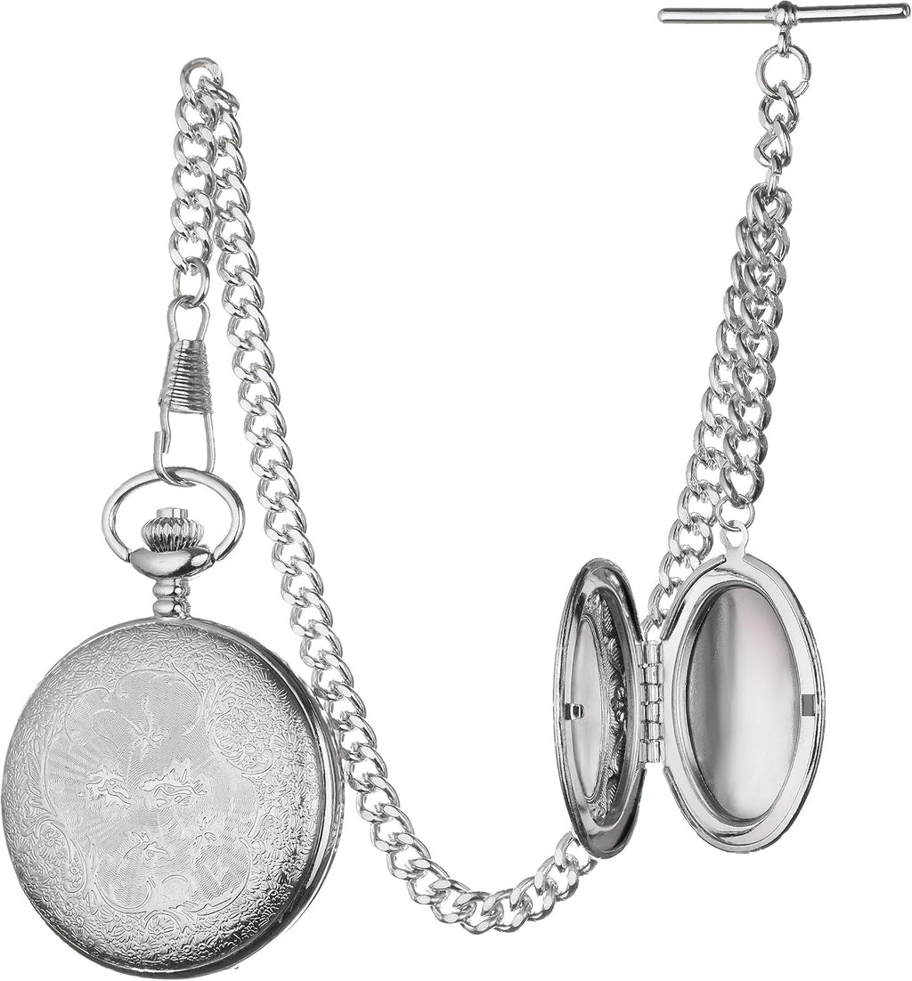 Vintage-Style Pocket Watch Chain with Ornate Medal and Pocket Watch – 12 Inch T-Bar Chain for Waistcoats, Costumes &