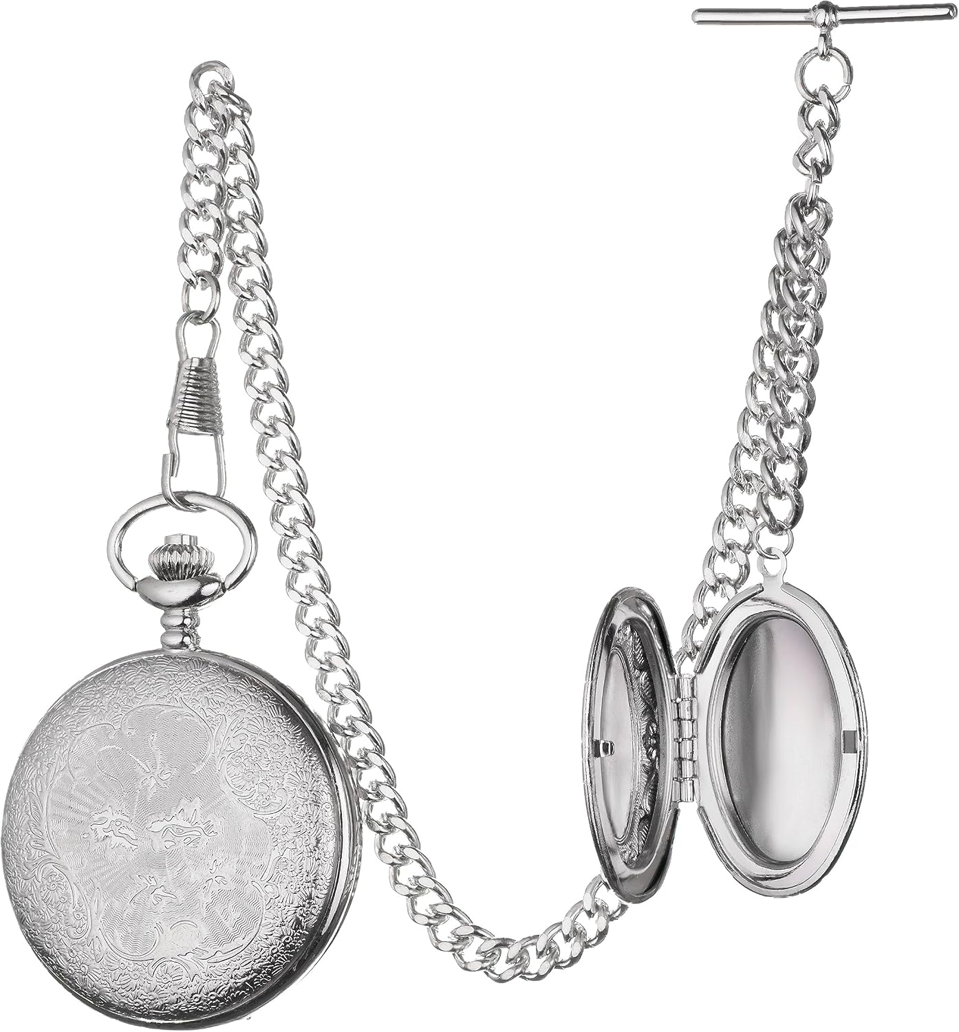 Vintage-Style Pocket Watch Chain with Ornate Medal and Pocket Watch – 12 Inch T-Bar Chain for Waistcoats, Costumes &
