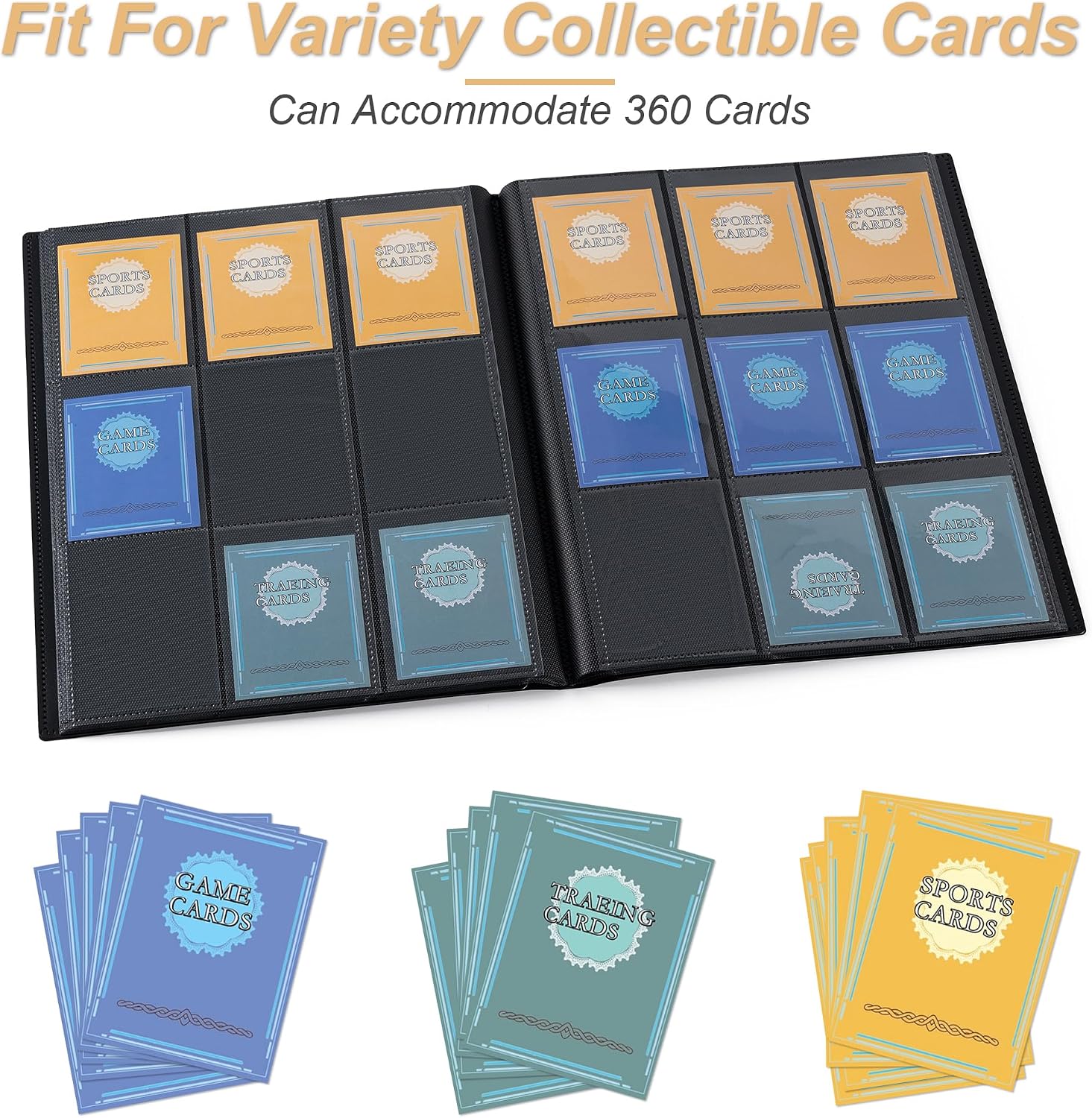 Card Binder 9 Pocket Storage 360 Card Binder,Trading Card Binder (Black) | Senior and Sturdy Side-Loading