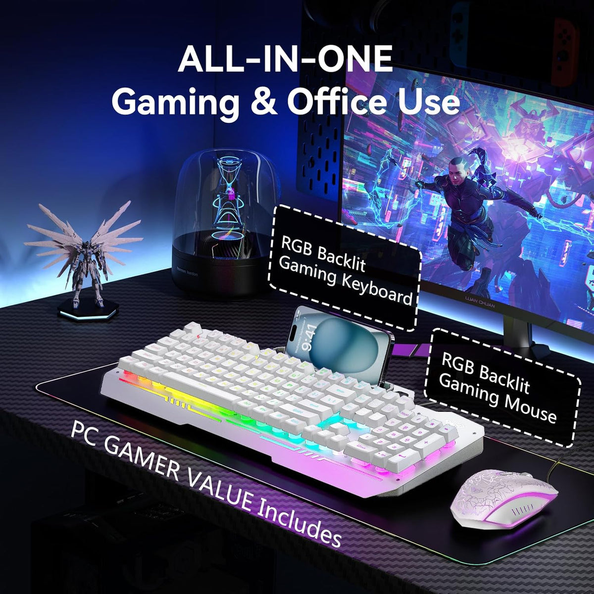 Gaming Keyboard, T102 104 Keys Keyboard and Mouse Combo, USB Wired Computer Keyboards Mechanical Feel Full Size, RGB