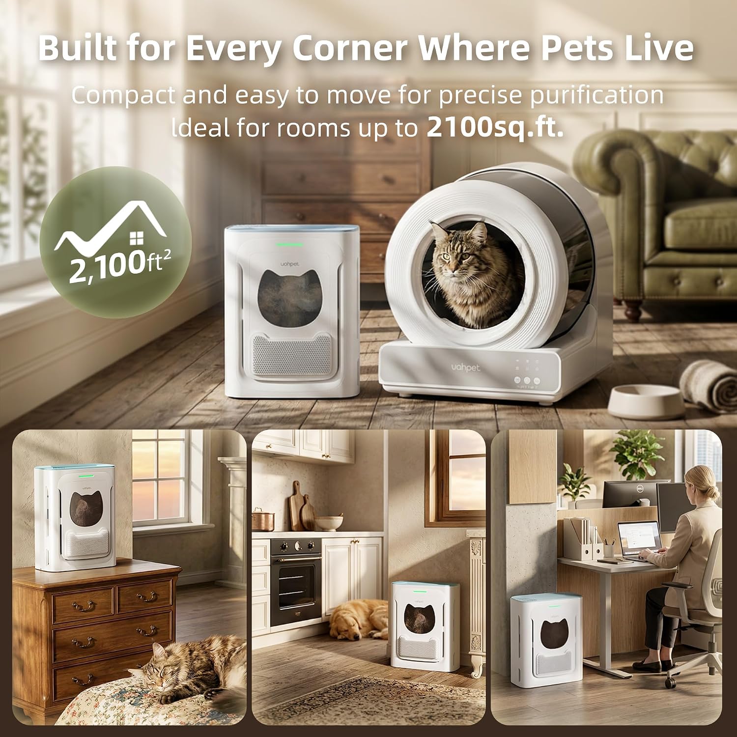 Pet Air Purifier, H13 HEPA Filter for Pet Hair, Dander & Odors, 2100 Sq Ft Coverage, Plug & Play No WiFi Required