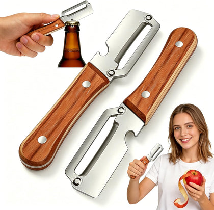 Vegetable Peeler 2 Pack, Multifunctional Stainless Steel Peeler with Wooden Handle and Bottle Opener - 2 in 1 Ultra