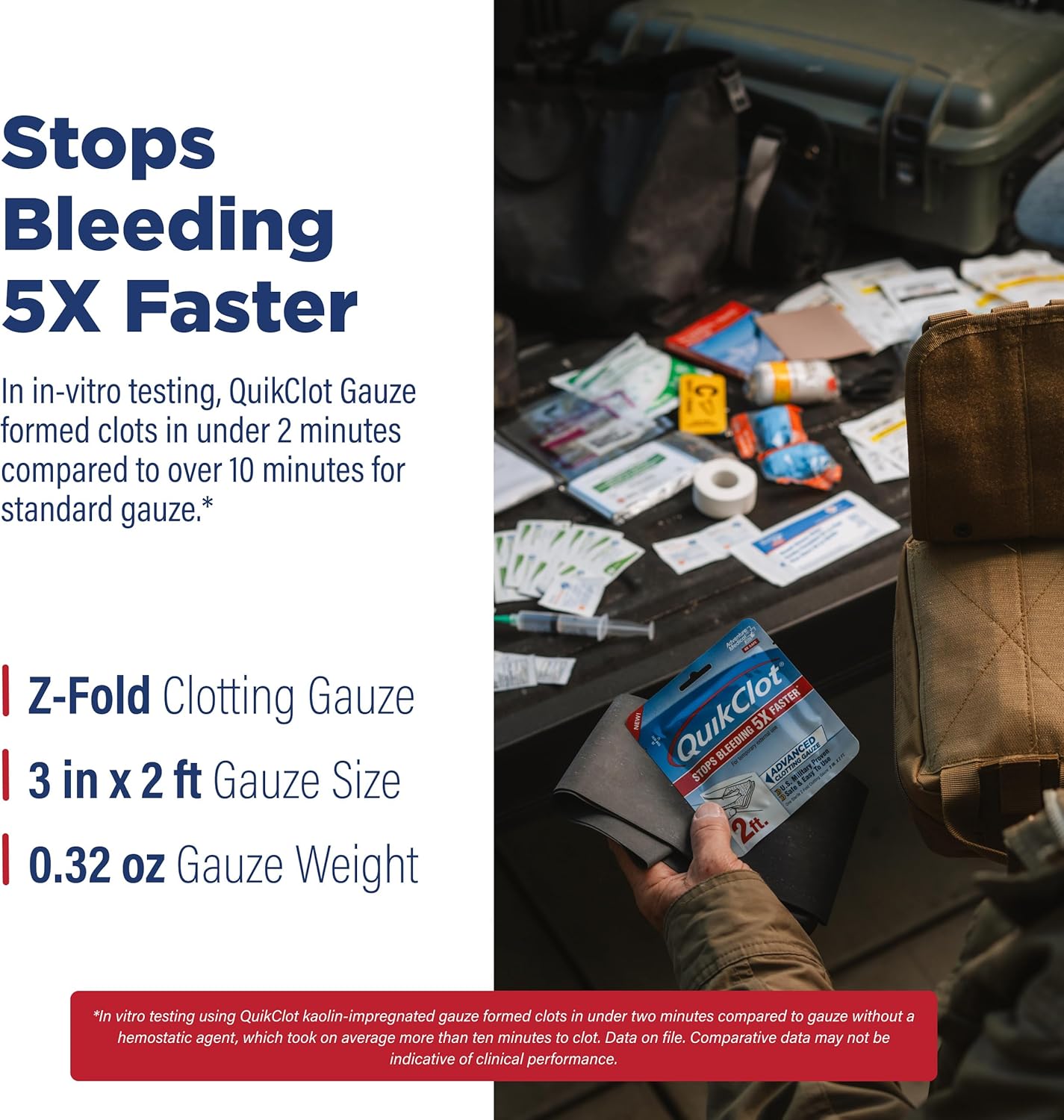 QuikClot Advanced Clotting Gauze - Stops Bleeding Up to 5X Faster Than Standard Gauze - Kaolin Hemostatic Dressing