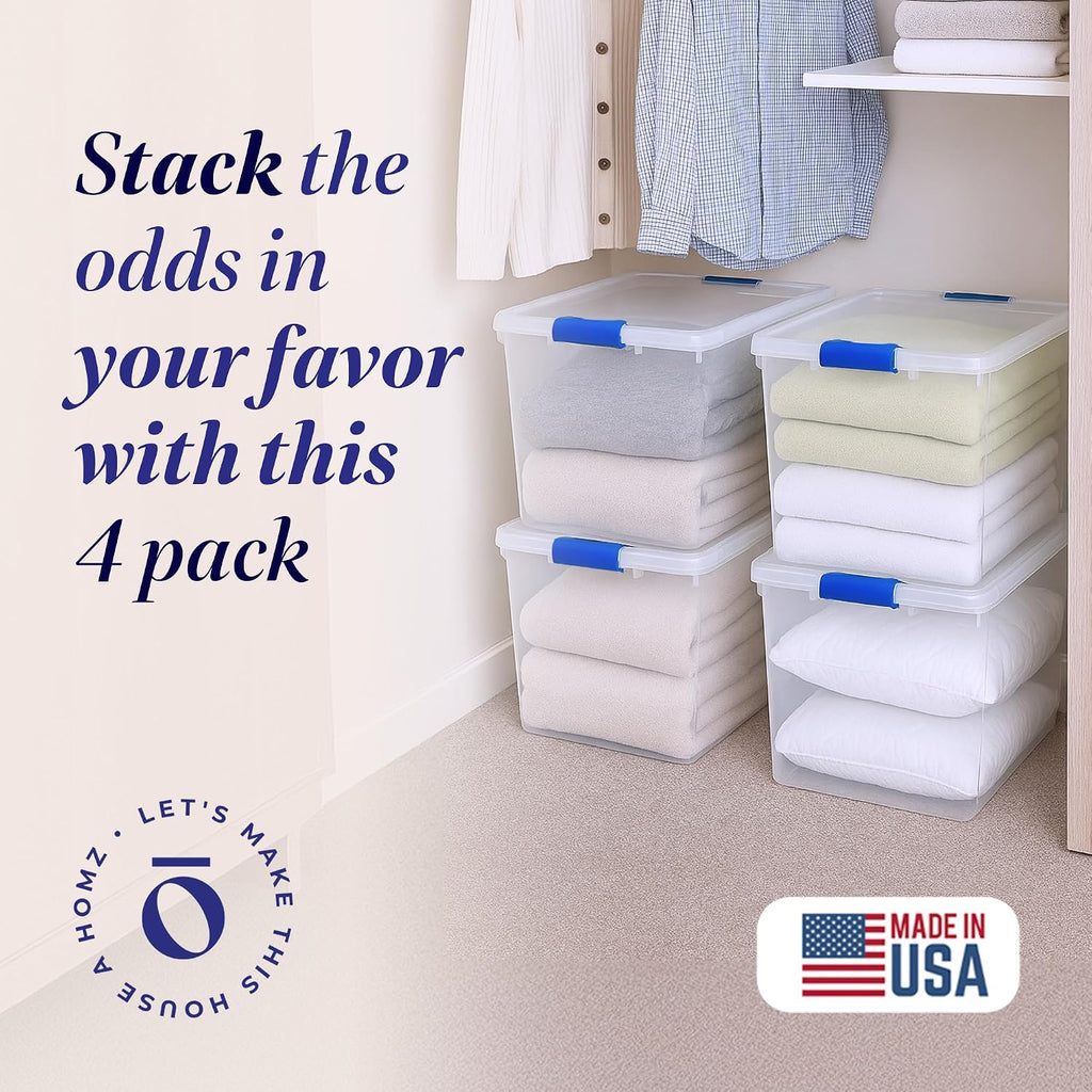 4-Pack 31 Quart Latching Lid, Clear Plastic Storage Organizer Bins, Blue – Stackable Containers for Home & Office
