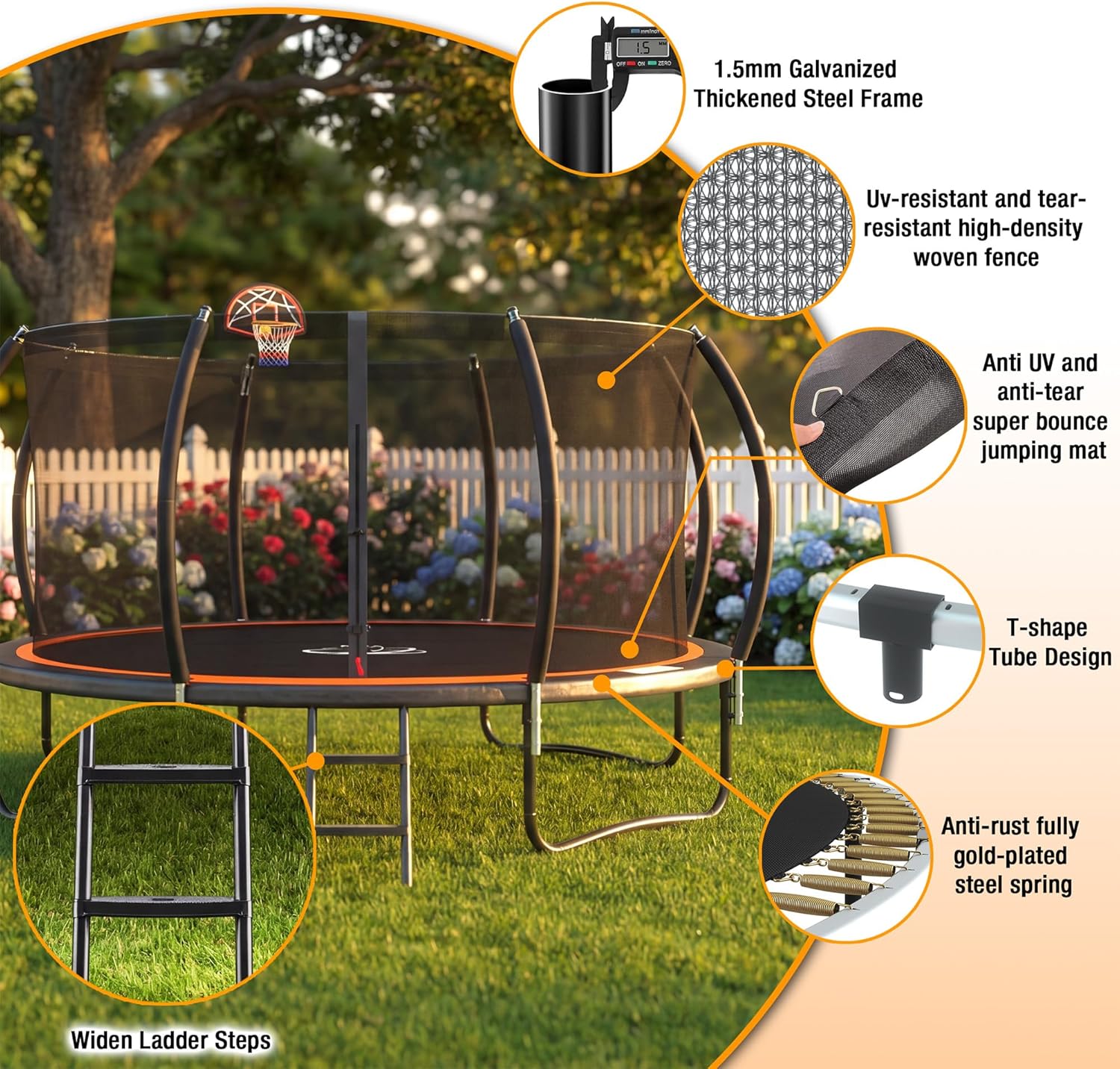 Outdoor Trampoline Recreational Trampolines with Anti-Rust Coating, Enclosure Net, Light+Sprinkler, Ladder, Wind