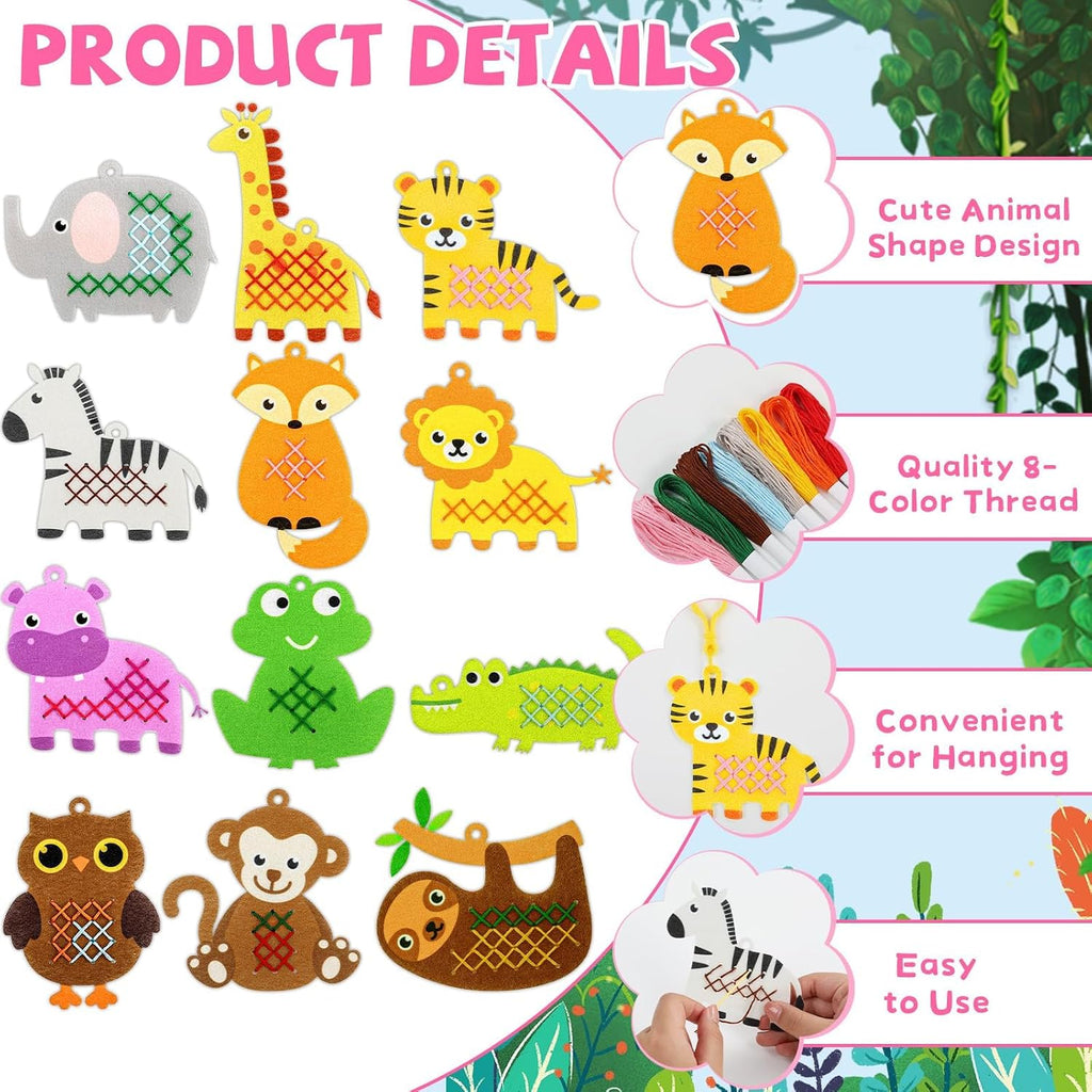 Cross Embroidery Kit for Kids Beginner 12 Jungle Animals Felt Keyrings Needlepoint Embroidery Starter Set with Jumbo