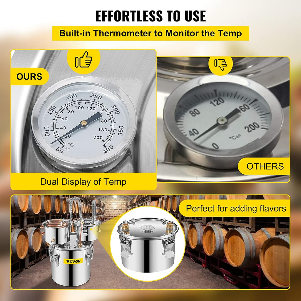 Alcohol Still, 3 Gallon, Stainless Steel Alcohol Distiller with Copper Tube & Build-in Thermometer & Water Pump