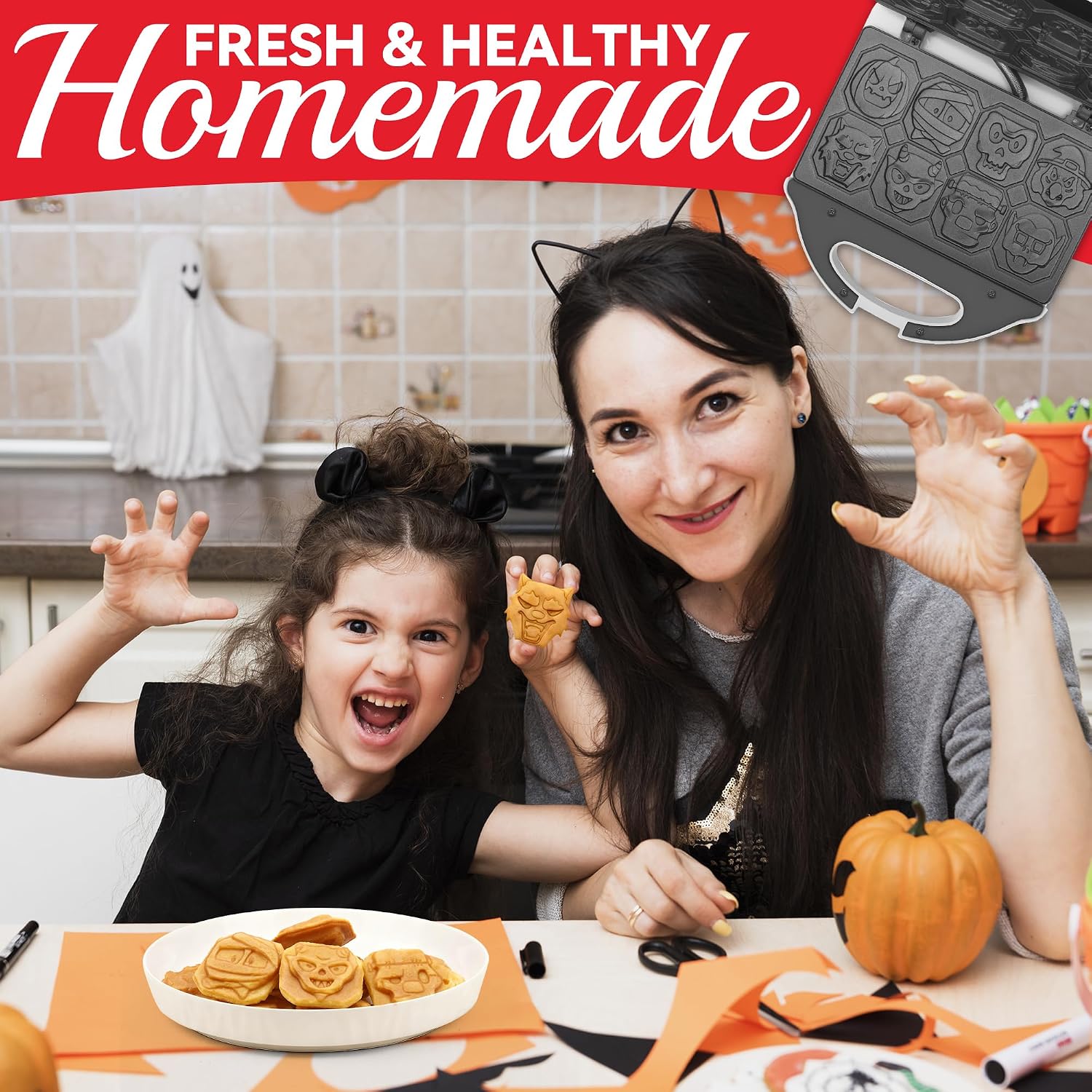 Spooky Mini Waffle Maker for Kids, Mini Pancake Maker Machine, Electric Small Waffle Iron, 8 Fun Character Waffle