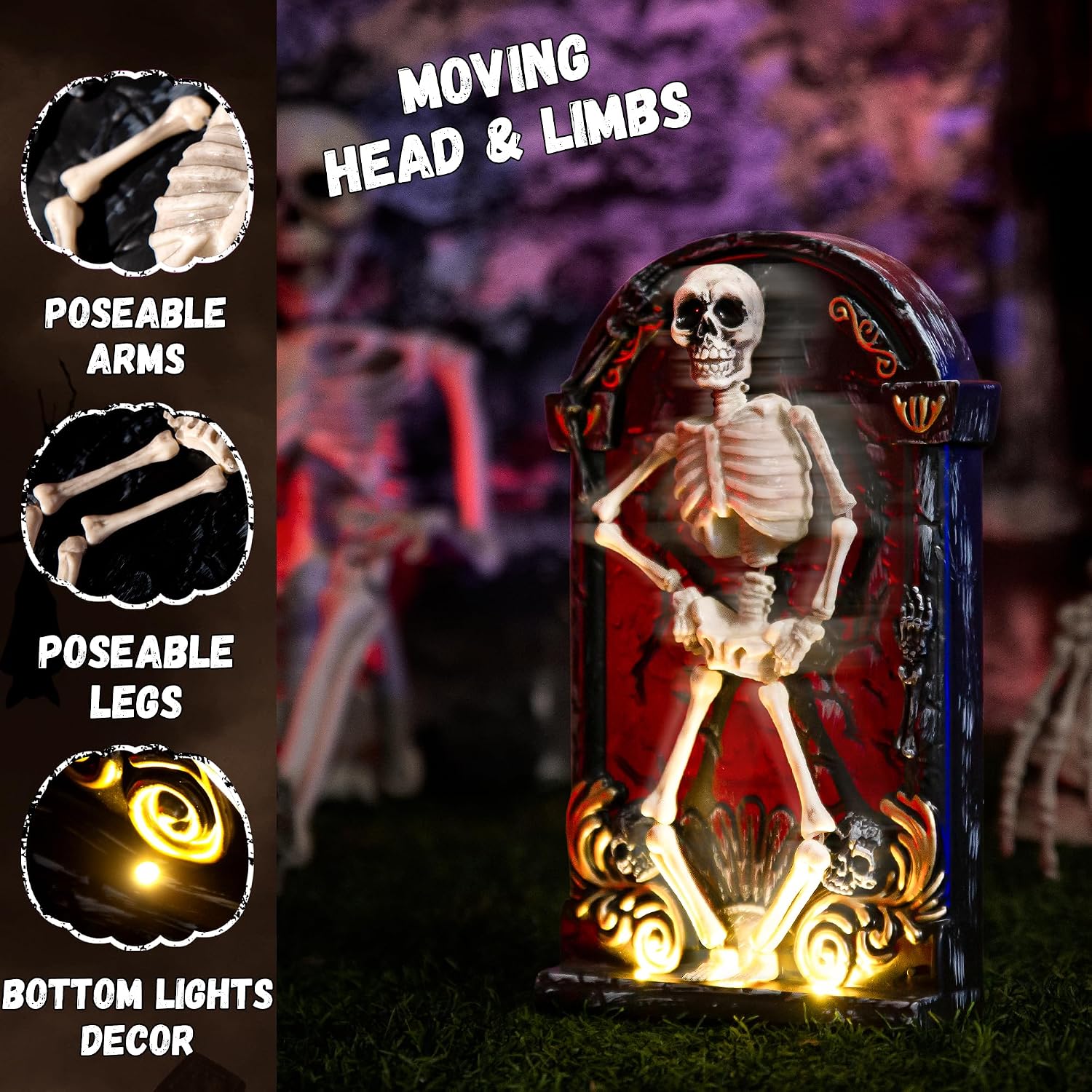 Halloween Decorations Animatronic Dancing Skeleton Built-in Tombstone with Music, Posable Arms & Legs Haunted House