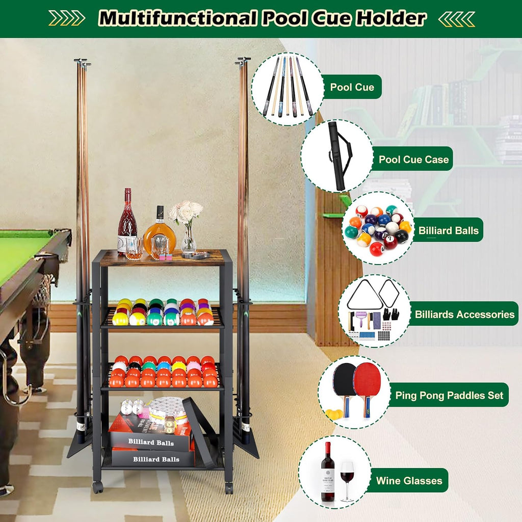 Pool Stick Holder Rack Stand for 8 Cue Sticks - Billiard Game Room Storage Cart with Organizer for Balls, Pool Table