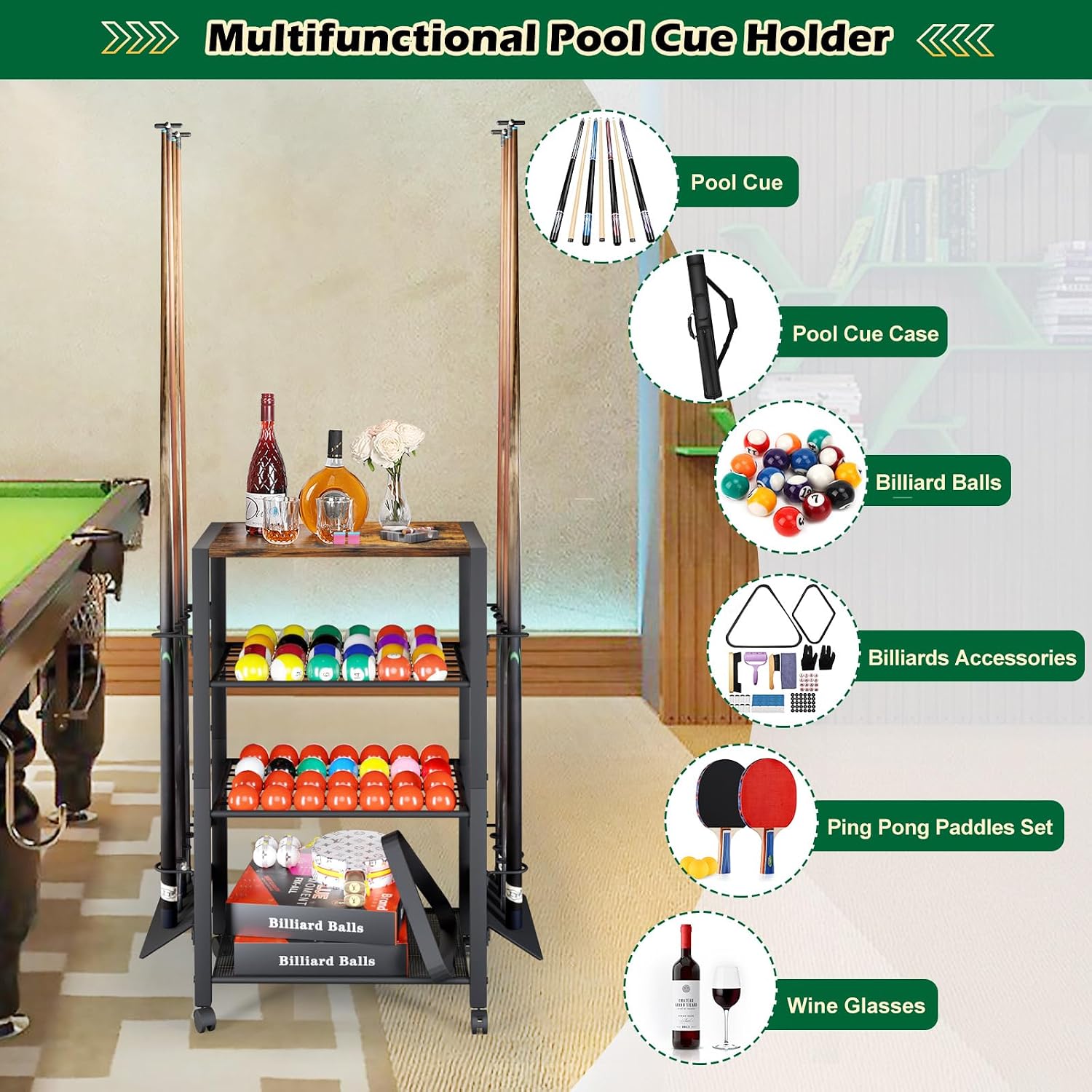 Pool Stick Holder Rack Stand for 8 Cue Sticks - Billiard Game Room Storage Cart with Organizer for Balls, Pool Table